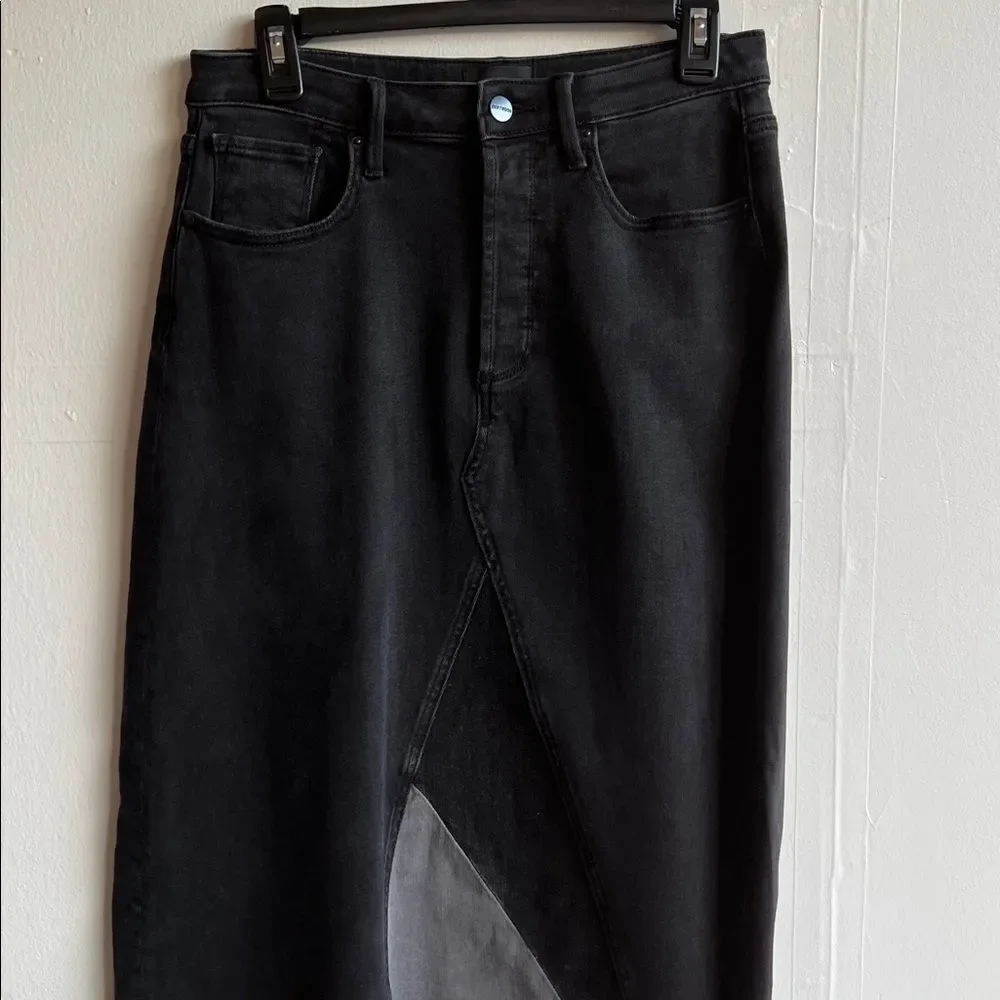 Free People Driftwood Katie Midi Maxi Skirt Denim Black Gray Frayed in Size 28